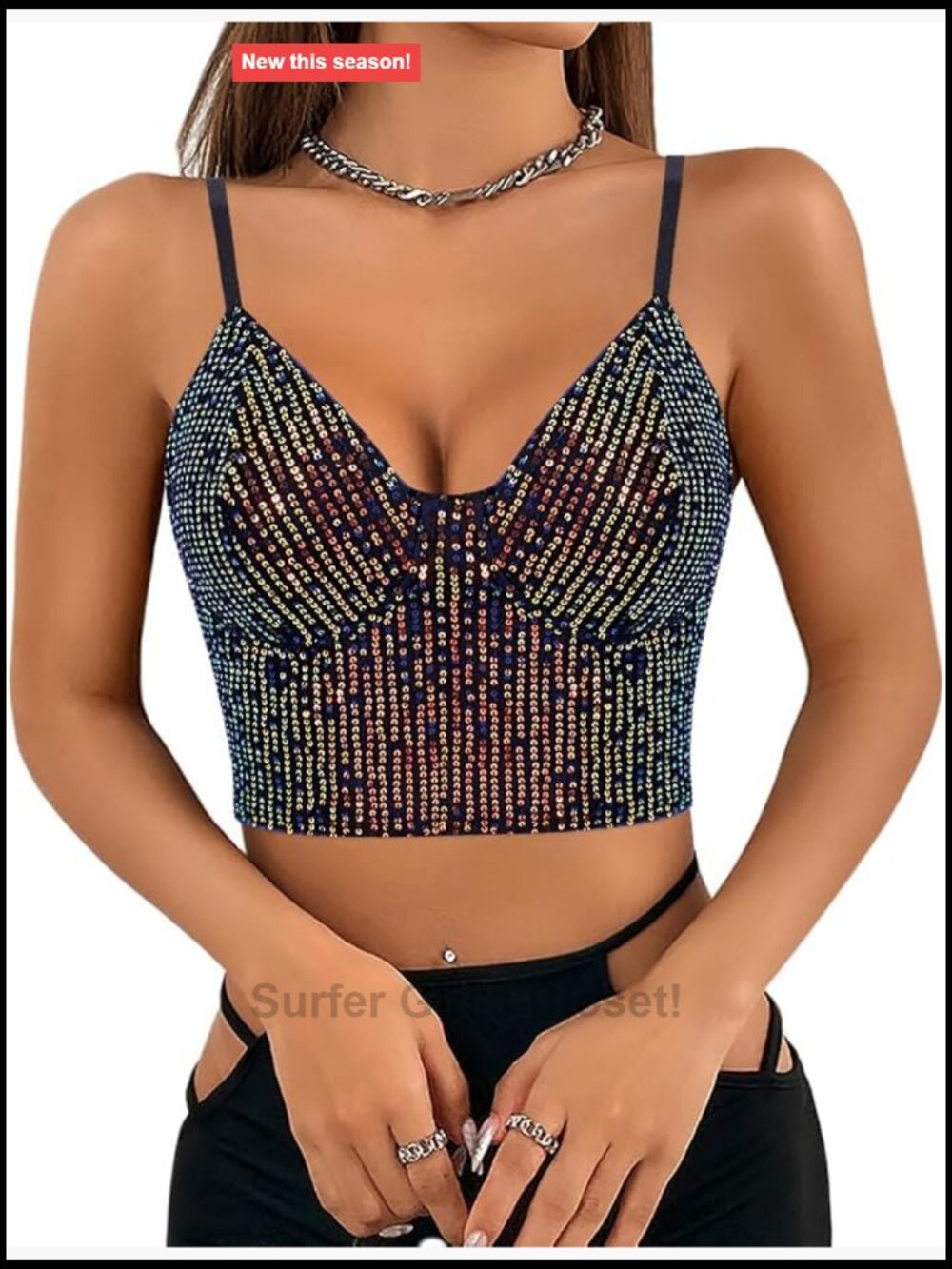 Sequin Crop Tank Top V-Neck Spaghetti Strap Sparkle Clubwear